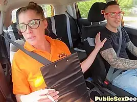 Nerdy driving instructor rides students cock