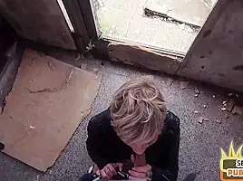 Public MILF with tattooed body fucked in abandoned building